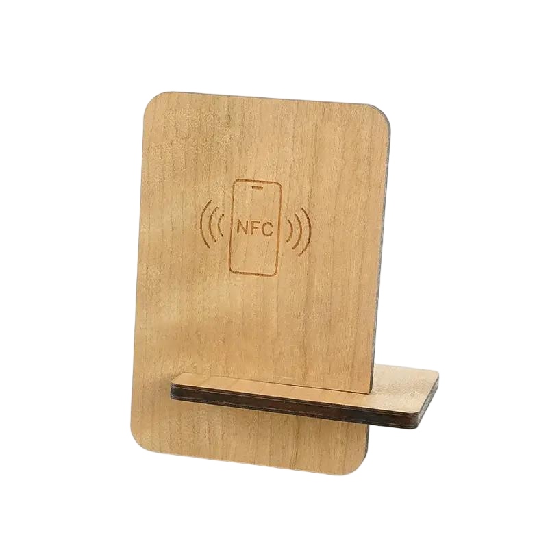 Premium walnut wooden NFC menu stand for contactless digital dining