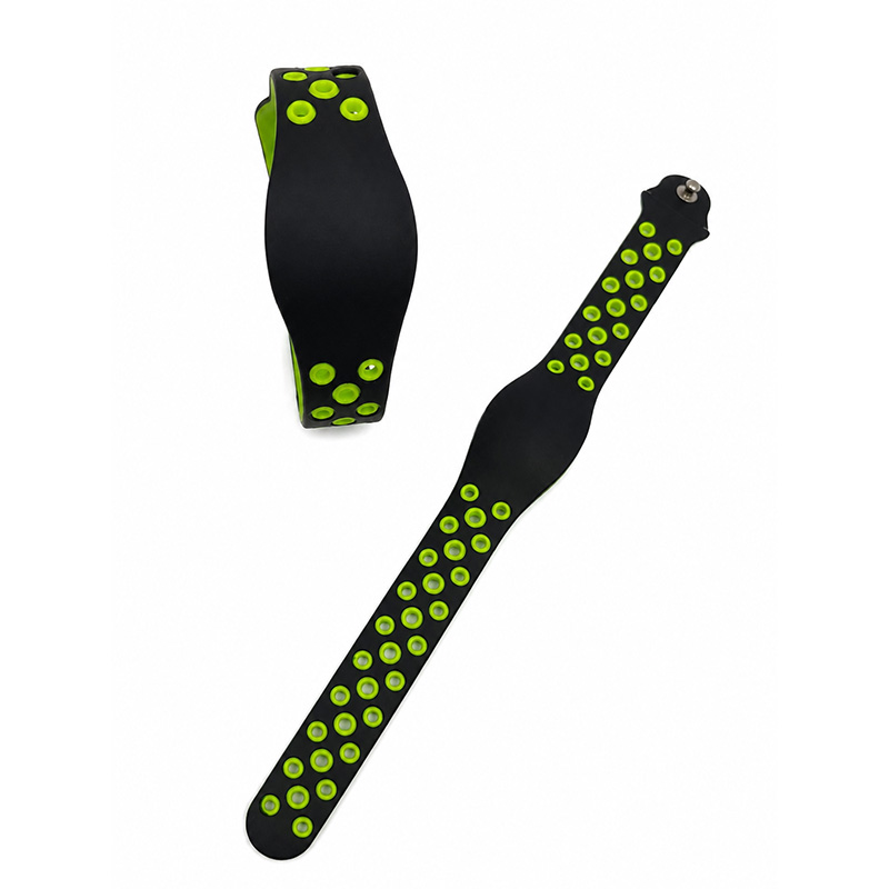 Black and green RFID silicone wristband with built-in NFC chip and adjustable perforated strap