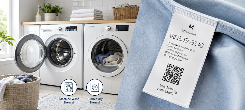 Garment with UHF RFID care label in normal washing and drying conditions