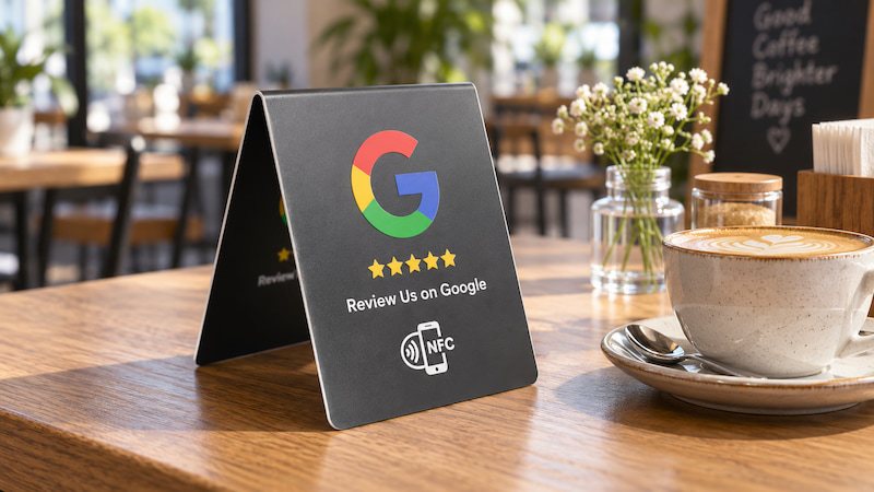 Black double-sided PVC NFC table tent for Google reviews displayed on a café table beside a cup of coffee