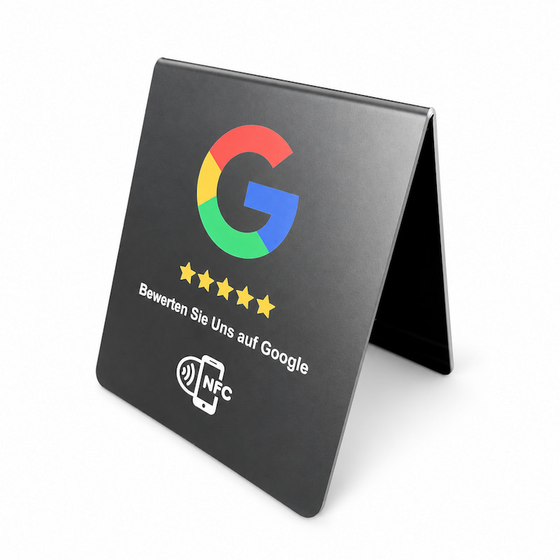 Black A-frame PVC NFC table tent with Google review design