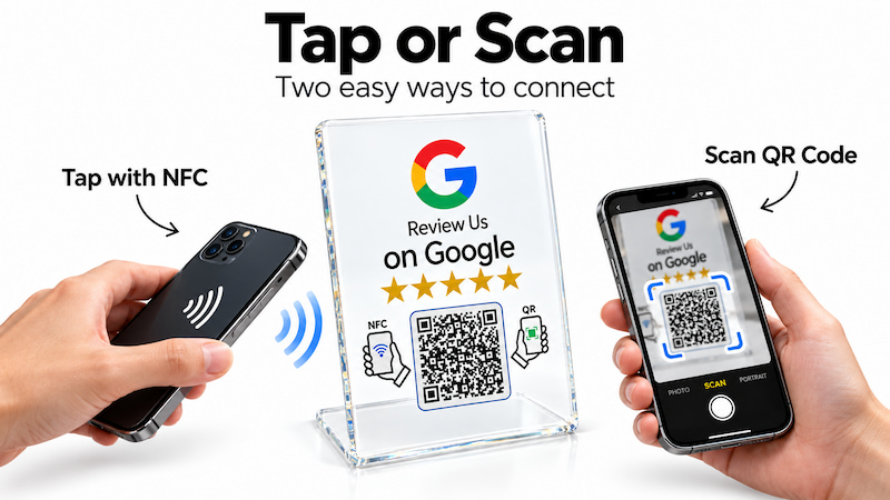 NFC Google review stand showing tap with NFC or scan QR code NFC Google review stand showing tap with NFC or scan QR code