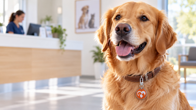 Orange waterproof NFC epoxy pet tag attached to a dog collar