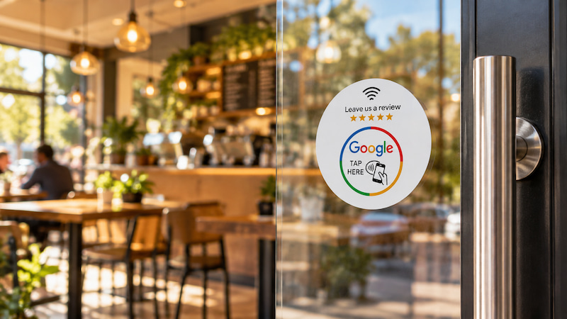 Double-sided NFC Google review sticker on a café glass door
