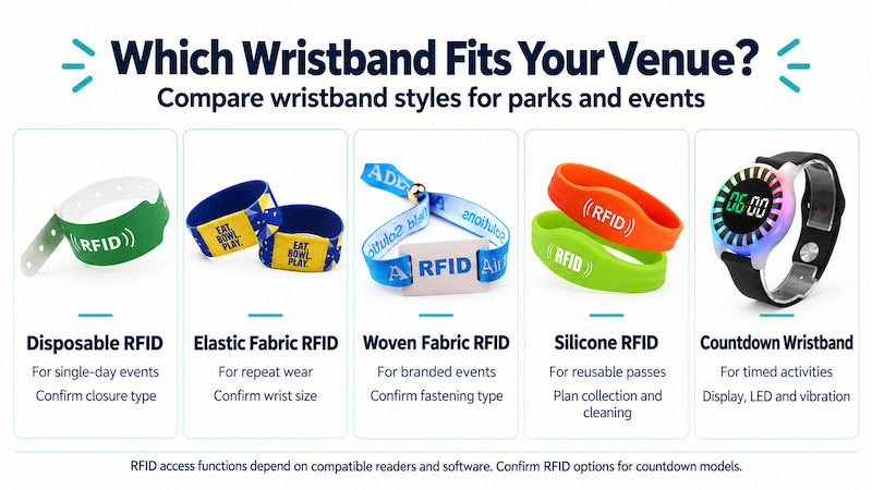 Comparison of disposable, elastic fabric, woven fabric, silicone RFID wristbands and countdown wristbands