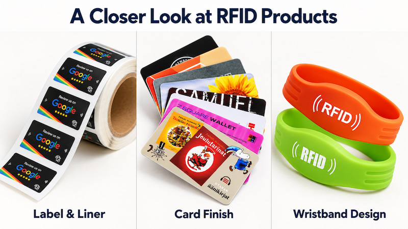 Close-up views of NFC labels and release liner, printed card finishes, and silicone RFID wristband designs