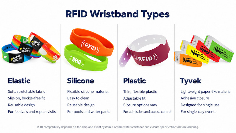 Elastic, silicone, plastic, and Tyvek RFID wristband comparison