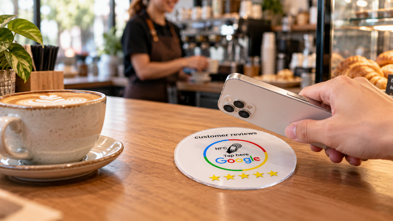 Customer tapping a round acrylic NFC Google review plaque with a smartphone at a caf&eacute; counter